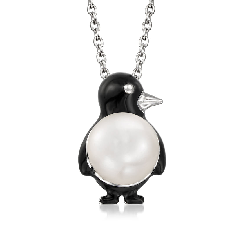 Sterling silver penguin pendant necklace with black enamel body and white pearl belly