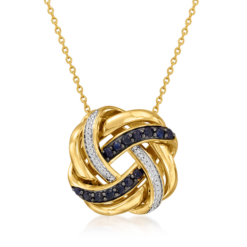 Gold love-knot pendant necklace with blue sapphire and white diamond accents