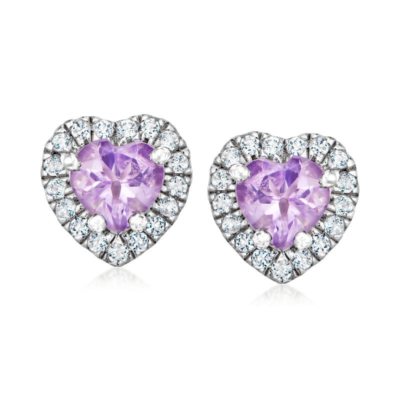 Heart amethyst stud earrings in sterling silver with white topaz accents