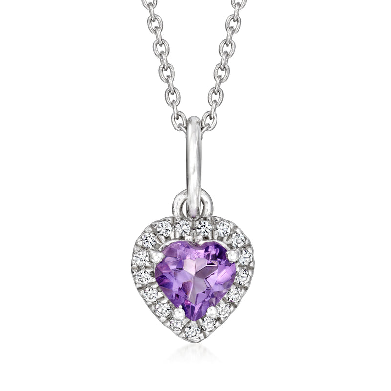 Sterling silver heart pendant necklace with purple amethyst center and white topaz halo