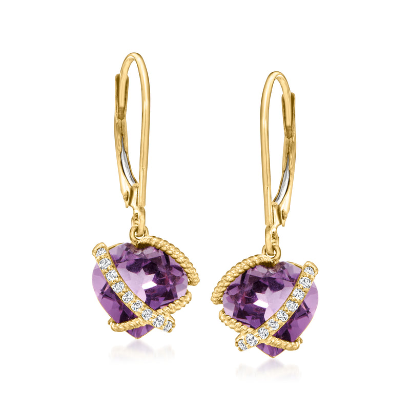 14kt yellow gold leverback amethyst heart drop earrings with diamond accents