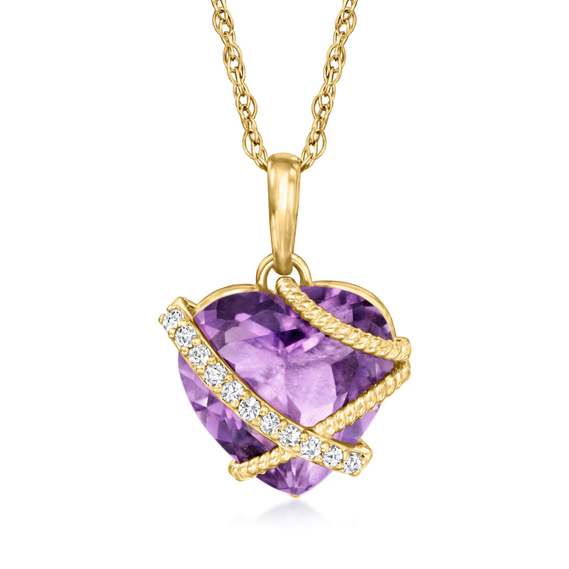 14kt yellow gold heart pendant necklace with amethyst center and diamond accents