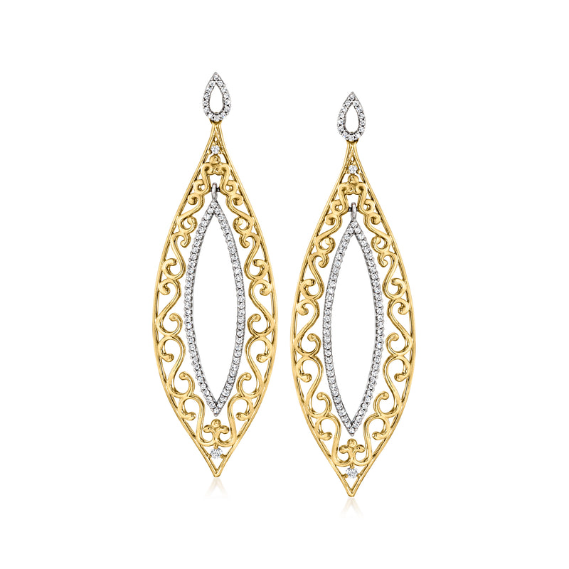 Teardrop drop earrings in 14kt two-tone gold with diamond accents and openwork