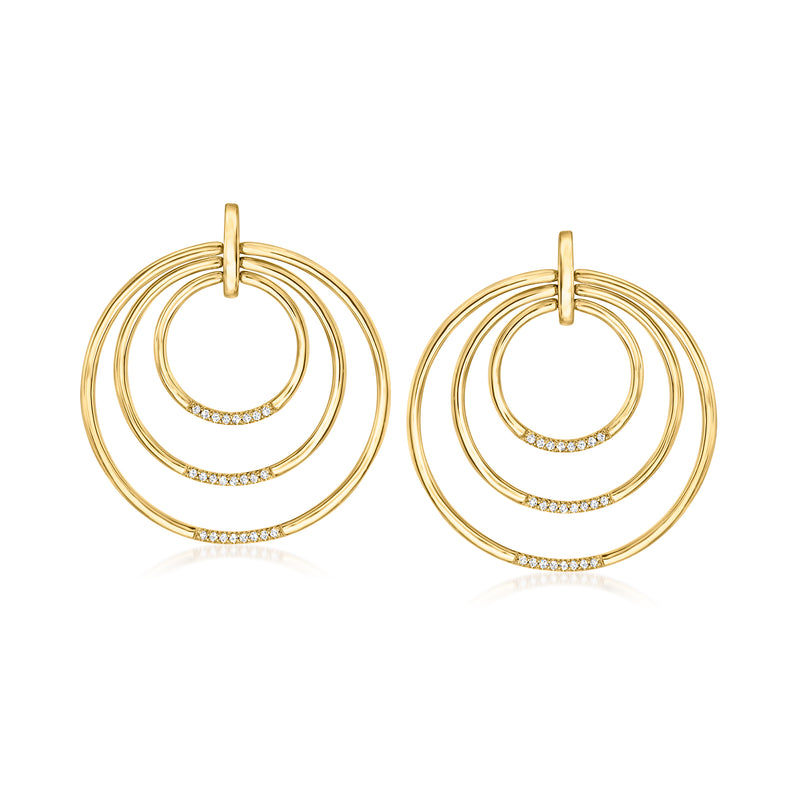 Gold over sterling drop earrings with concentric circle design and diamond accents