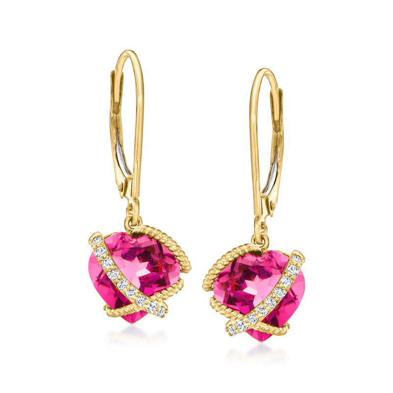 14kt yellow gold leverback heart drop earrings with pink topaz and diamond accents