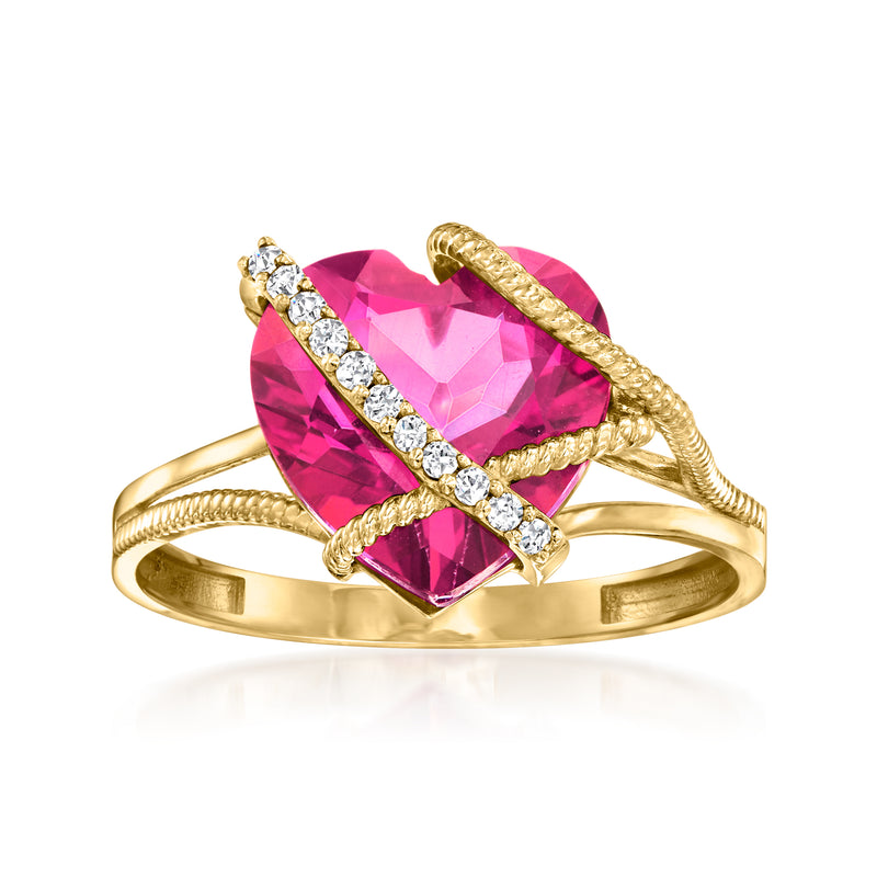14kt yellow gold heart ring with faceted pink topaz center and diamond side accents