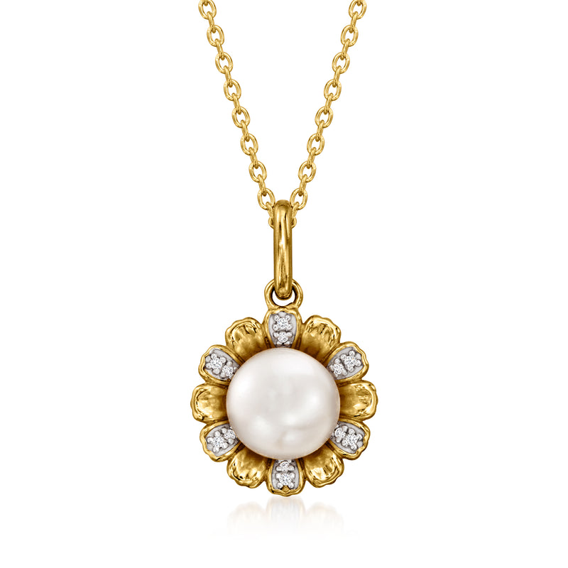 Gold-tone pearl flower pendant necklace with round cultured pearl and diamond accents