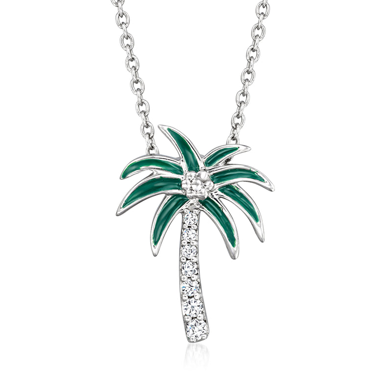 Sterling silver palm tree pendant necklace with green enamel leaves and diamond accents