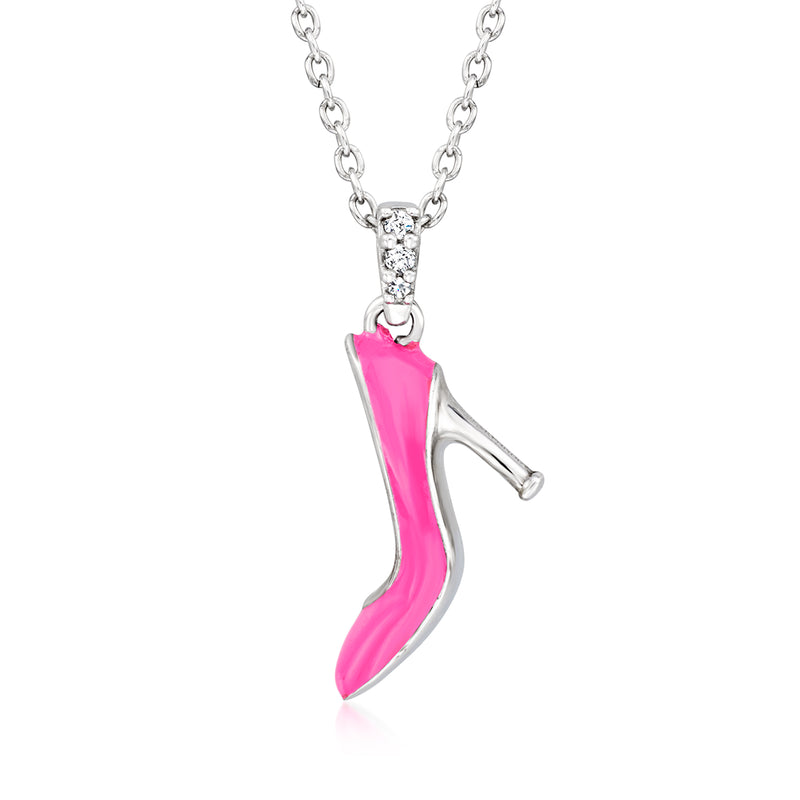 Sterling silver necklace with pink enamel high-heel pendant and small crystal accents