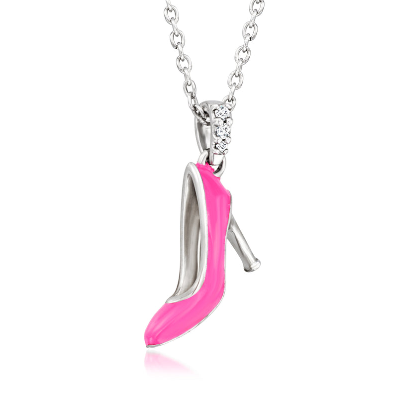 Sterling silver high-heel pendant necklace with pink enamel heel and crystal charm