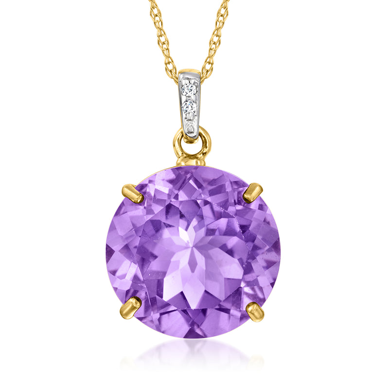 14kt yellow gold pendant necklace with round amethyst gemstone and diamond accents