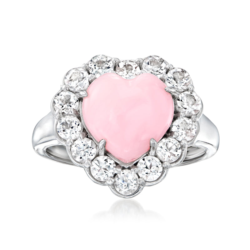 Sterling silver heart ring with pink opal center and white topaz halo stones