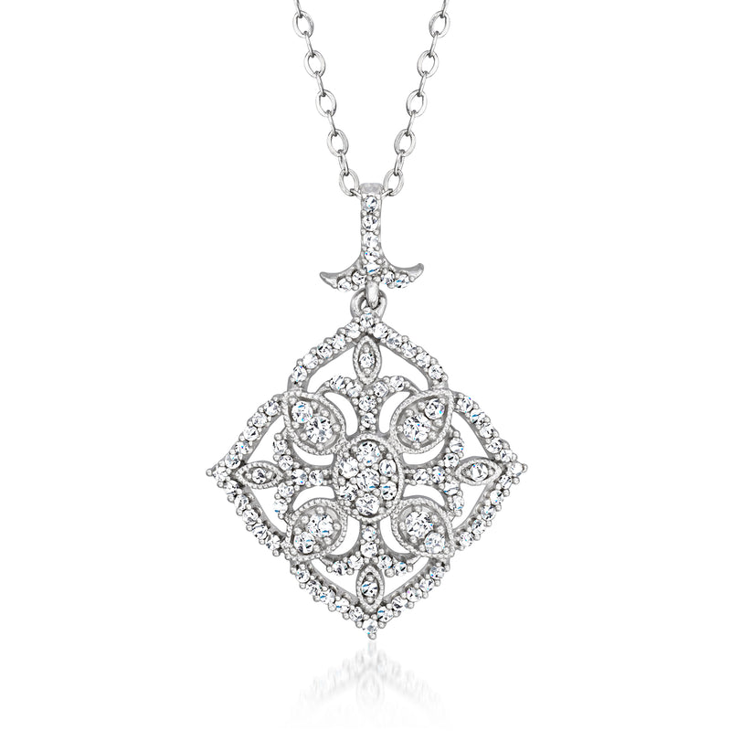 14kt white gold diamond Art Deco pendant necklace with ornate square center and halo stones