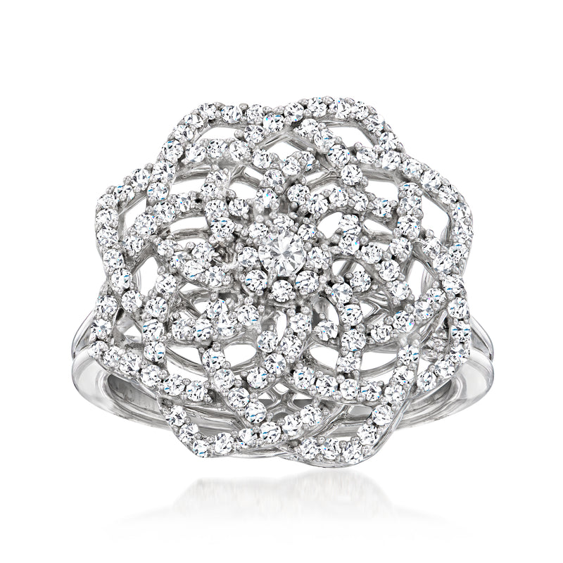 White gold diamond spiral flower ring with clustered round-cut stones