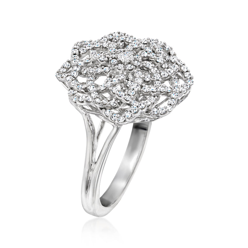 Side view of white gold diamond spiral flower ring with round-cut stones