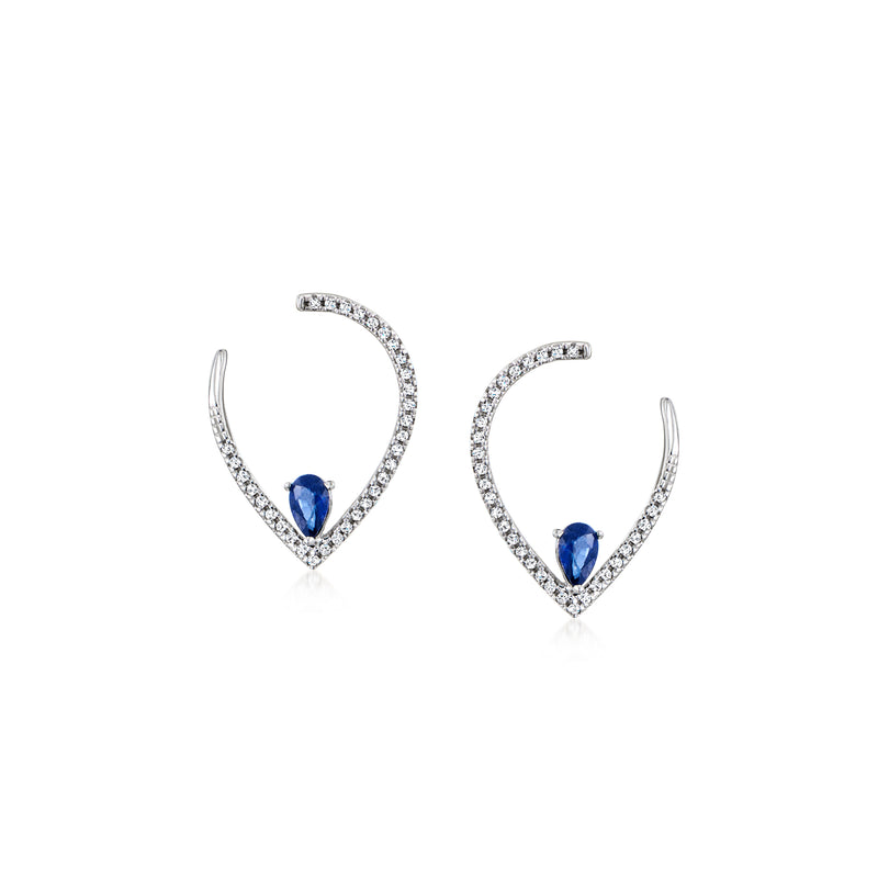14kt white gold sapphire and diamond drop earrings with teardrop blue center