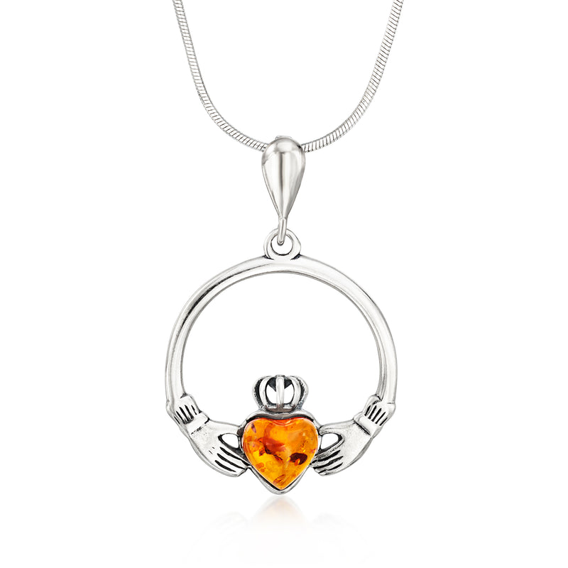 Sterling silver Claddagh pendant necklace with amber heart gemstone, ring setting