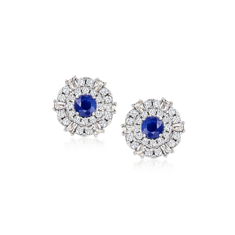 Sapphire and diamond halo stud earrings in 14kt white gold, blue center stones