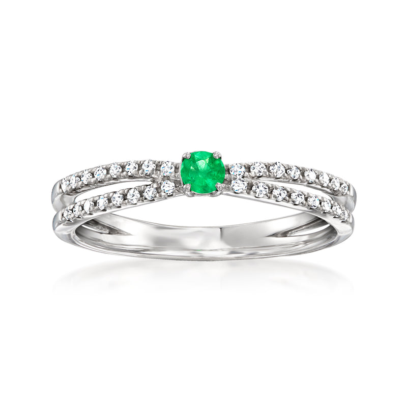 Sterling silver emerald and diamond ring with split shank setting