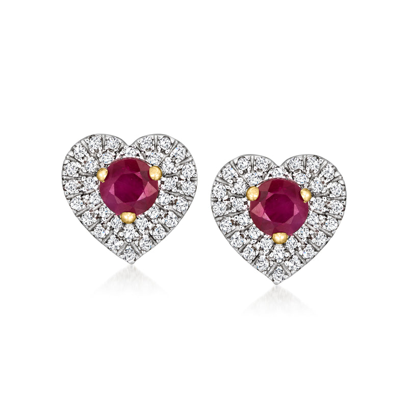 Heart stud earrings with maroon ruby center, diamond halo, and 14kt yellow gold accents