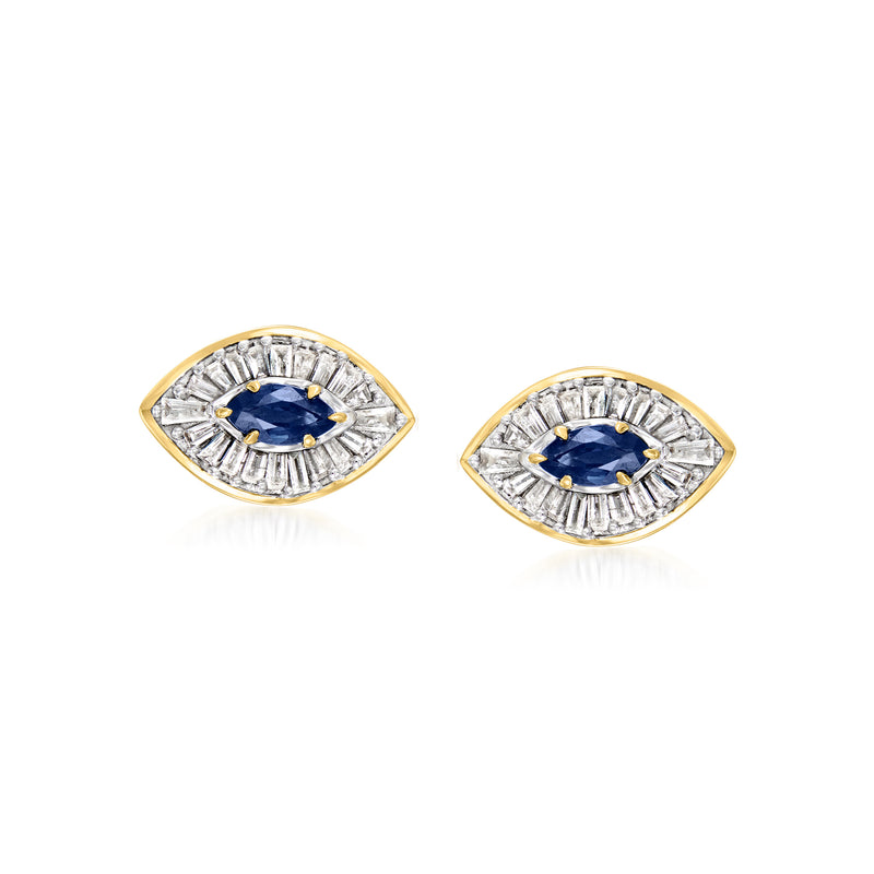 14kt yellow gold evil eye stud earrings with oval blue sapphire and diamond surround
