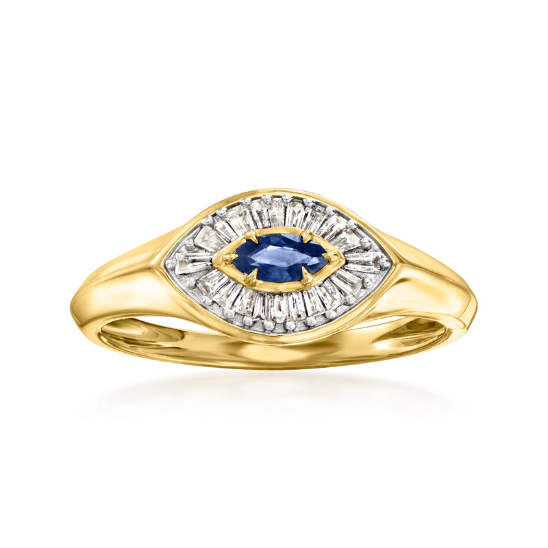 14kt yellow gold evil eye ring with oval blue sapphire and diamond halo