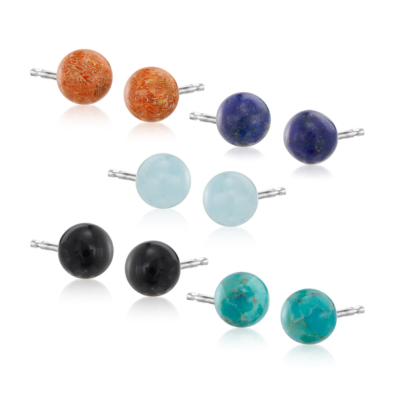 Sterling silver stud earrings set of five pairs: orange, navy, pale blue, black, turquoise gems