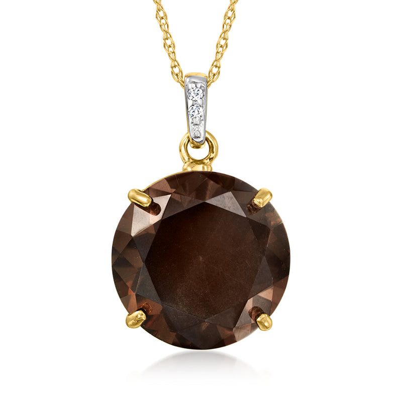 14kt yellow gold necklace with round smoky quartz pendant and diamond-set bail