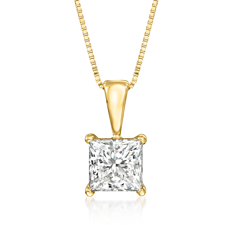 14kt yellow gold princess-cut lab-grown diamond pendant on chain, square solitaire