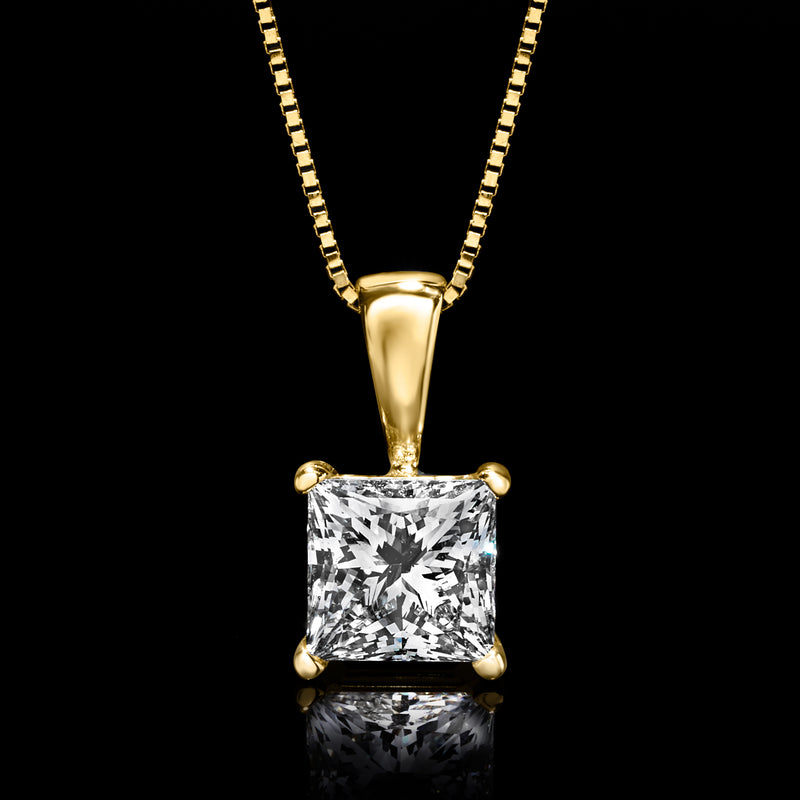 14kt yellow gold princess-cut diamond pendant with gold prongs and chain