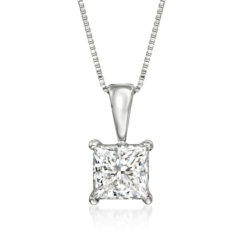 14kt white gold princess-cut diamond pendant with square stone in four prongs