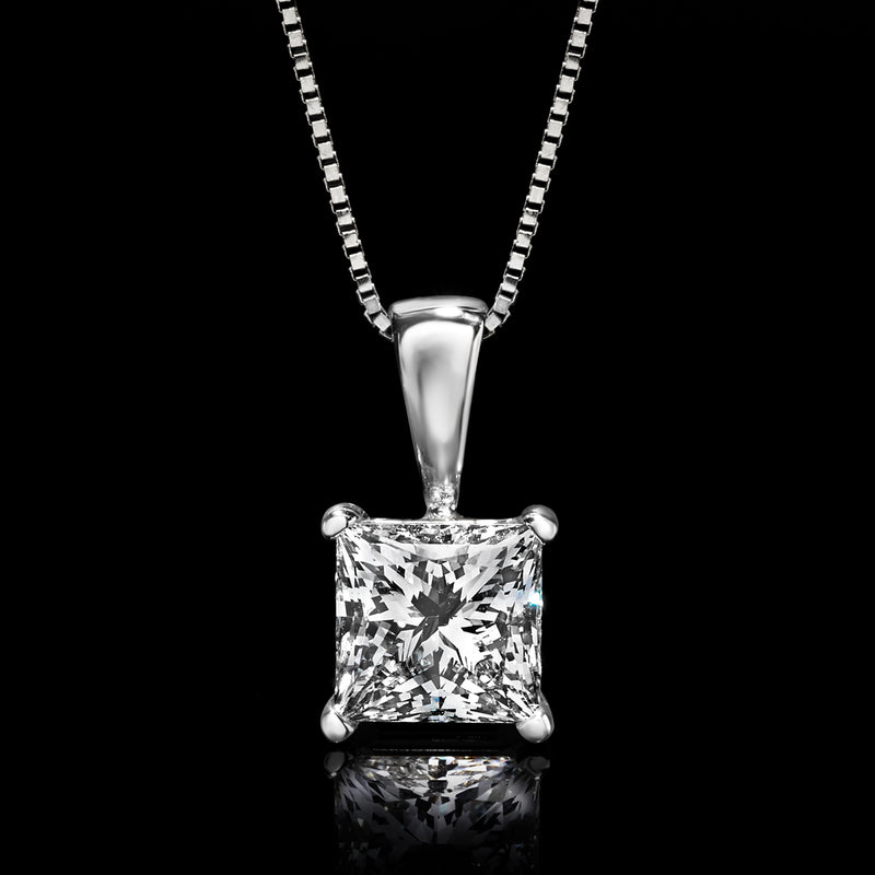 14kt white gold princess-cut diamond pendant, square stone held by four prongs