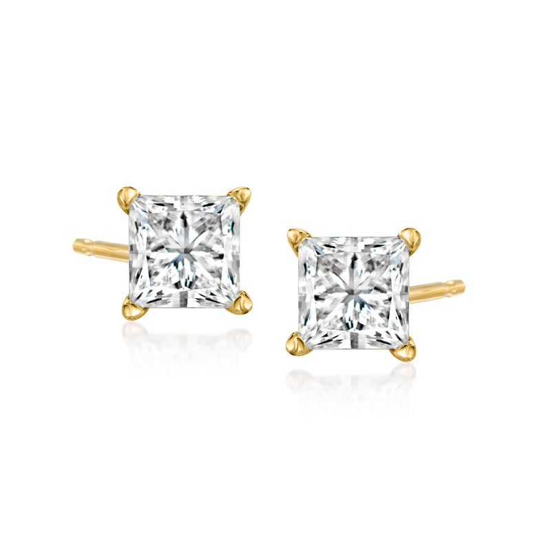 14kt yellow gold princess-cut diamond stud earrings, square stones in gold setting