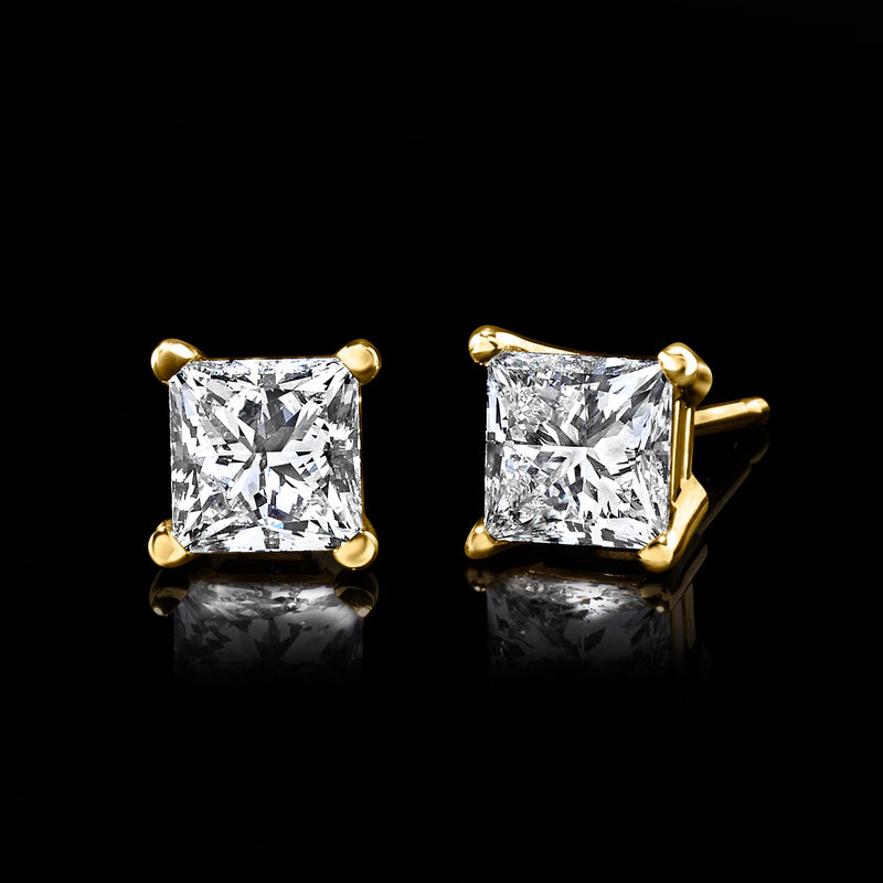 Princess-cut square diamond studs in 14kt yellow gold, front view with gold posts
