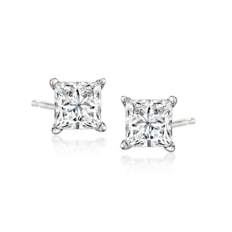 14kt white gold princess-cut diamond stud earrings, square stones (pair)