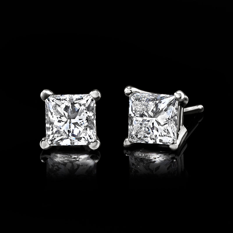 14kt white gold princess-cut diamond stud earrings, square stones, angled view (pair)
