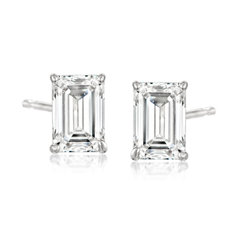 Emerald-cut lab-grown diamond stud earrings in white gold, square prong-set