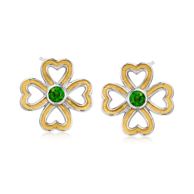 Four-leaf clover post earrings in sterling silver with green chrome diopside and gold accents