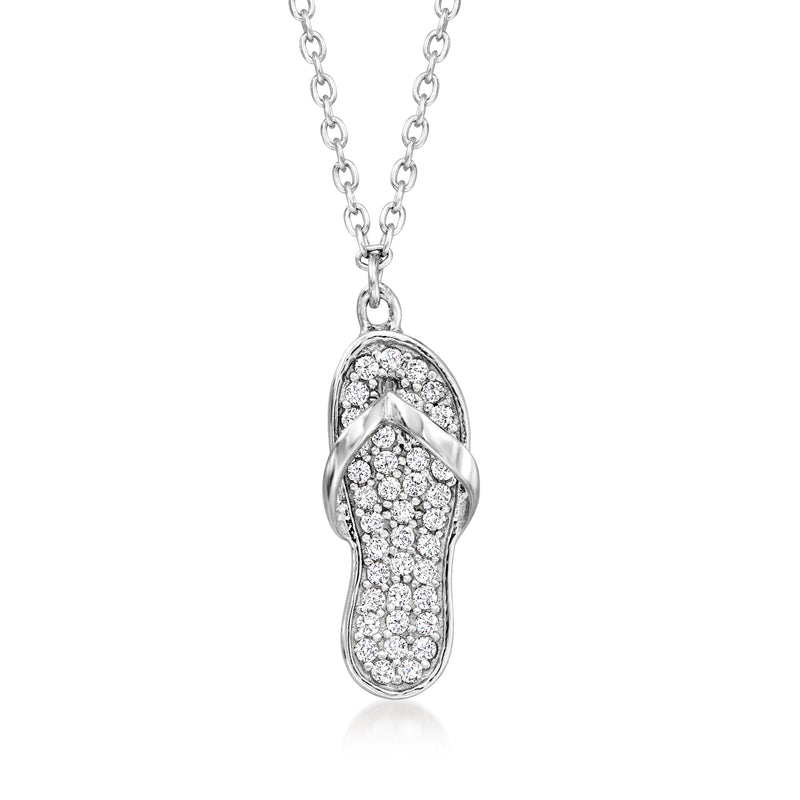 Sterling silver flip-flop pendant necklace with CZ stones, oval top view