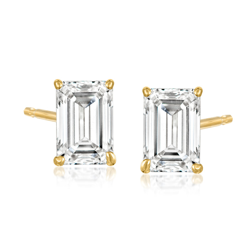 Emerald-cut diamond stud earrings in 14kt yellow gold, clear stone with gold bezel