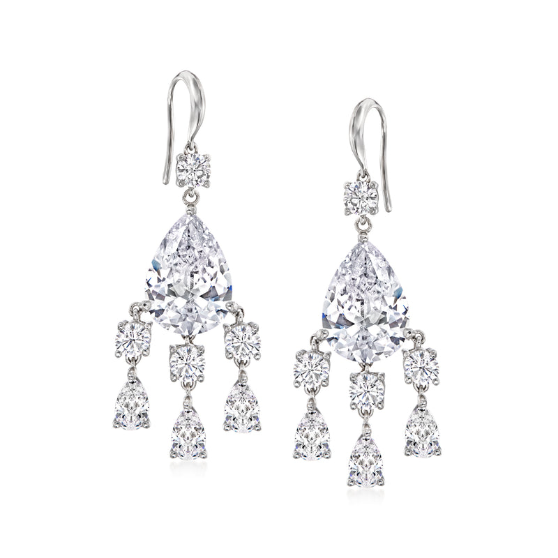 Sterling silver CZ chandelier earrings with teardrop center and dangling round stones, earwire