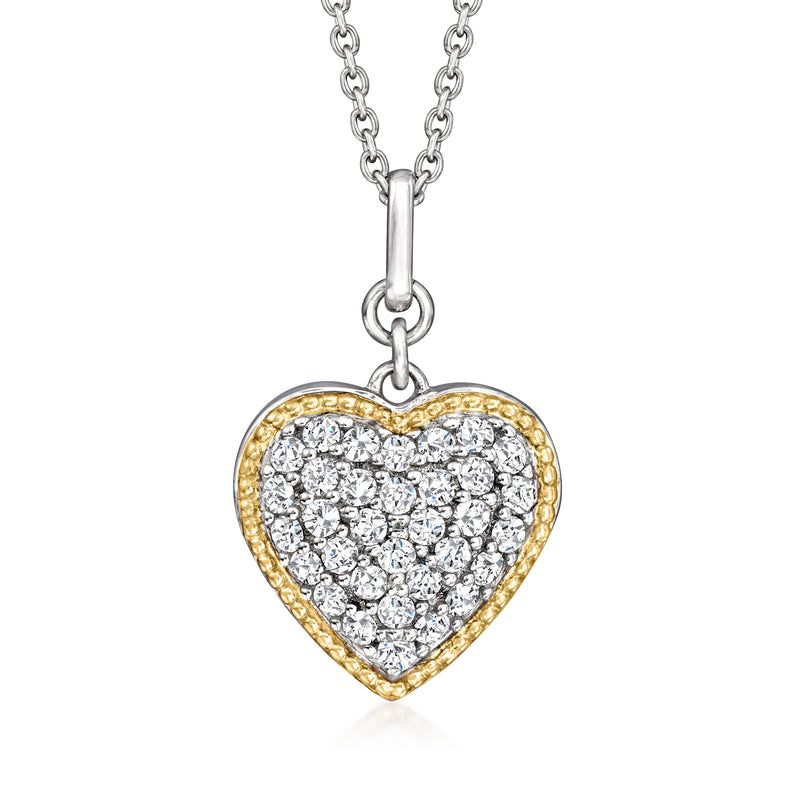 Heart CZ pendant necklace in sterling silver with 14kt yellow gold bezel border