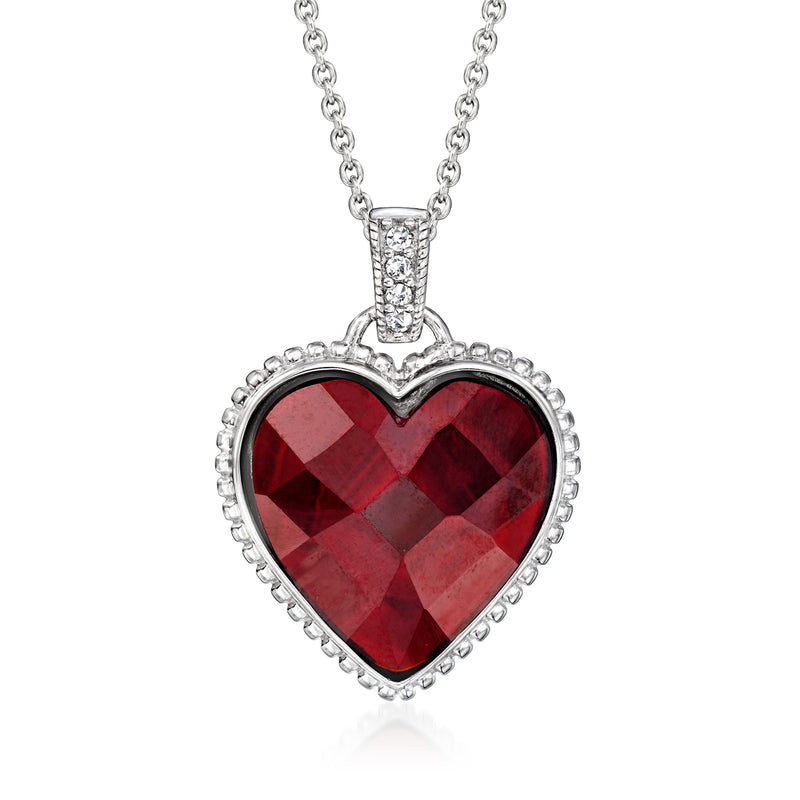 Sterling silver heart pendant necklace with red faceted simulated ruby and CZ halo