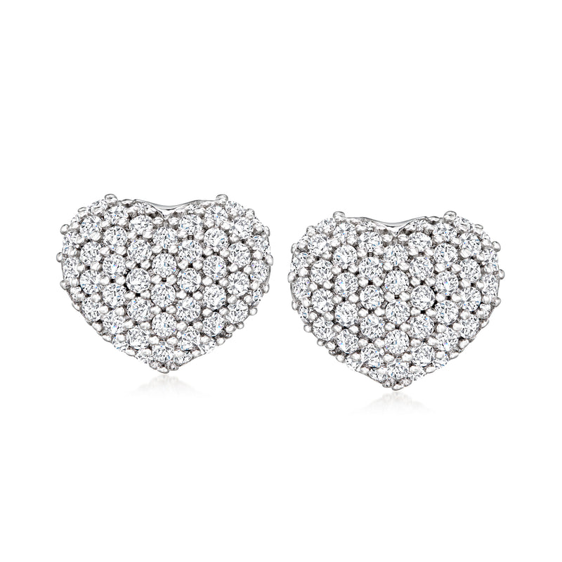 Pave CZ heart stud earrings in sterling silver, pair