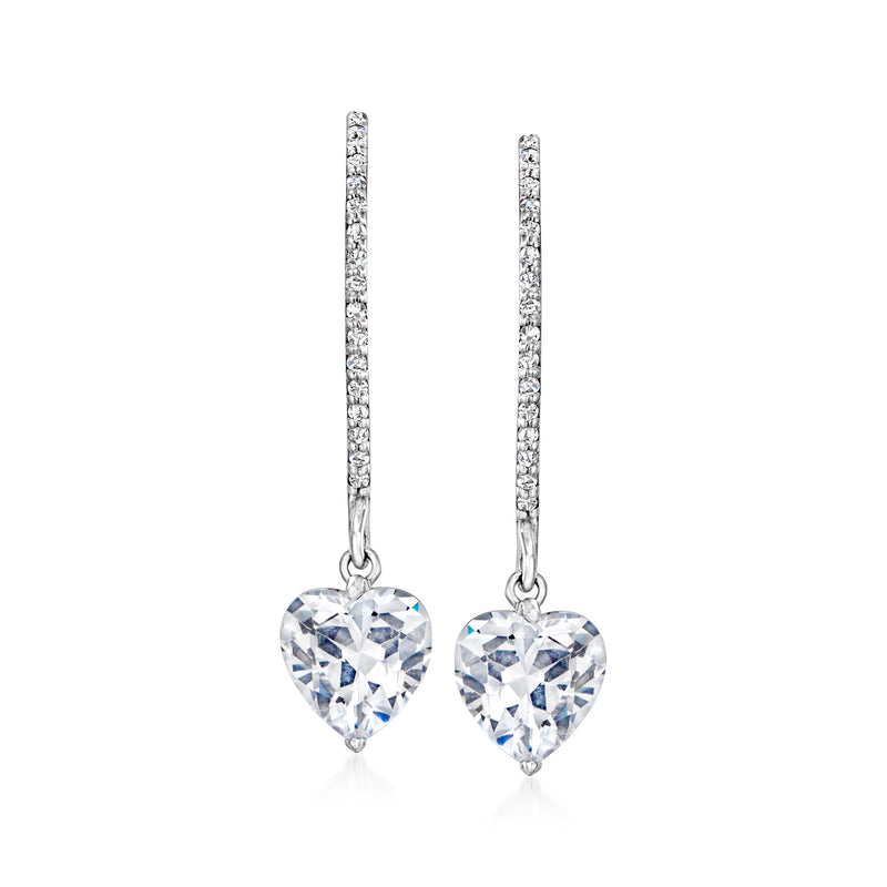 Sterling silver CZ heart drop earrings with clear crystal heart pendants