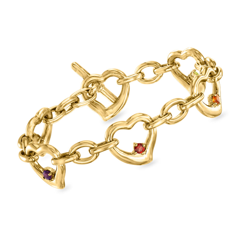 18kt gold over sterling heart toggle bracelet with multi-color gemstone accents