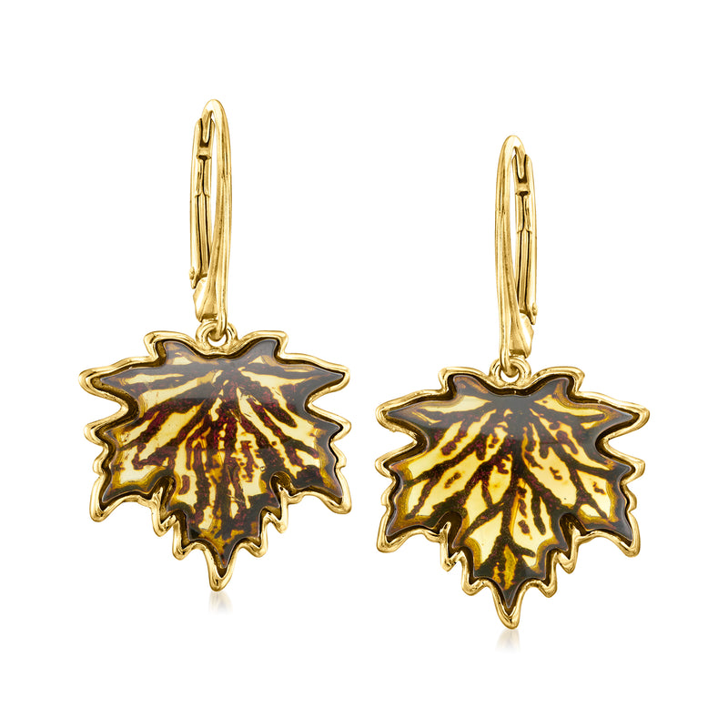 Gold leaf drop earrings with amber-brown enamel pattern, leverback hooks