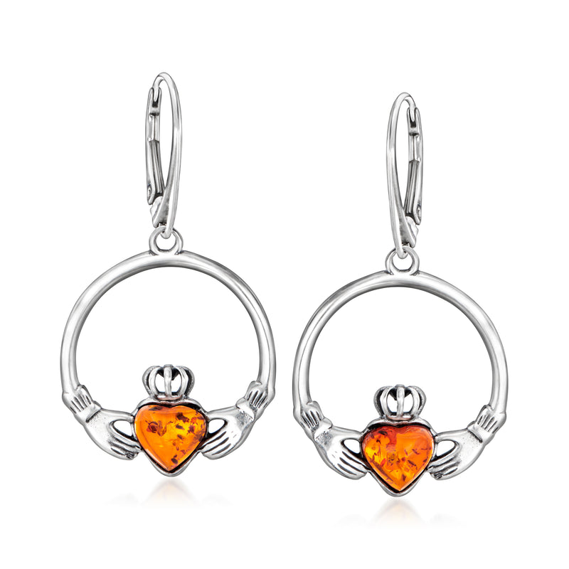 Sterling silver amber heart drop leverback earrings with circular hands setting