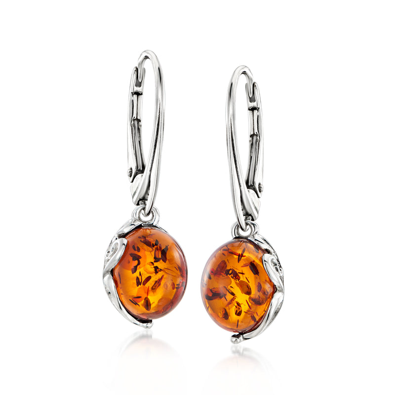 Sterling silver amber drop leverback earrings with oval amber gemstone