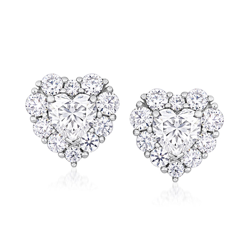 Heart-shaped moissanite stud earrings in sterling silver, clustered clear stones